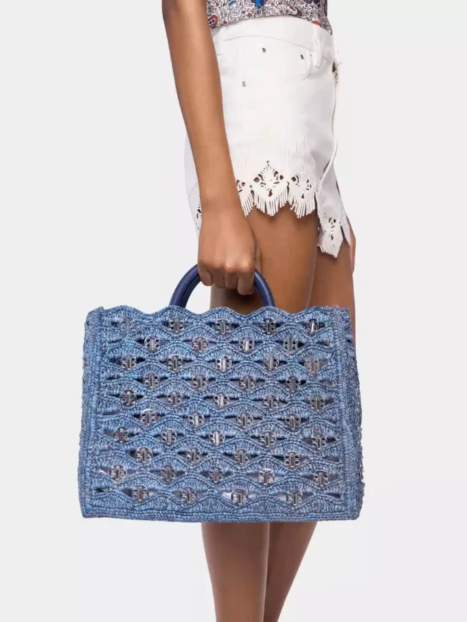Bolso tote azul denim de rafia