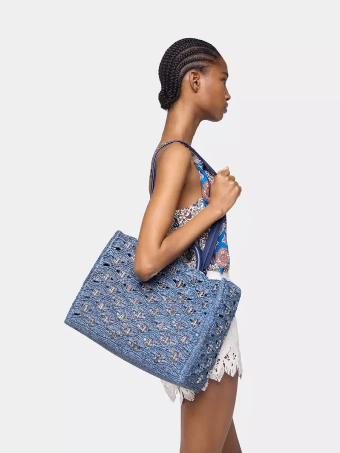 Bolso tote azul denim de rafia