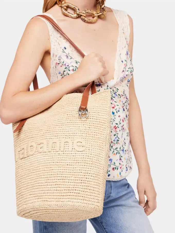 Bolso tote de rafia beige con logotipo