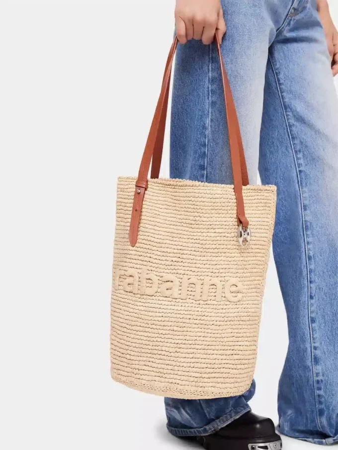 Bolso tote de rafia beige con logotipo