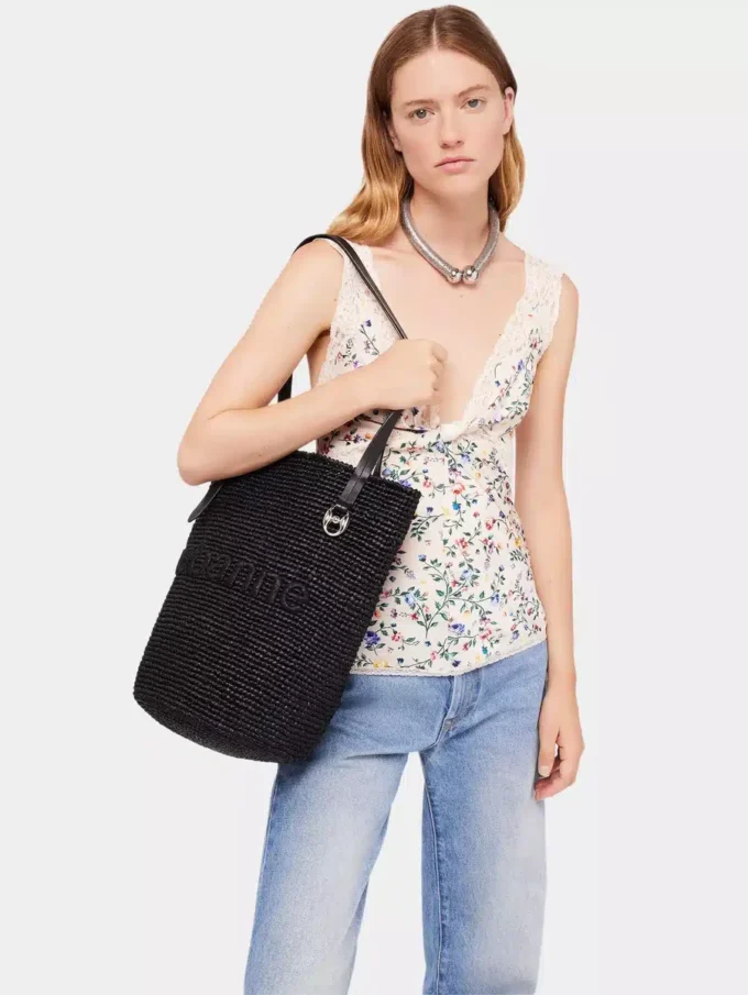 Bolso tote de rafia negro con logotipo