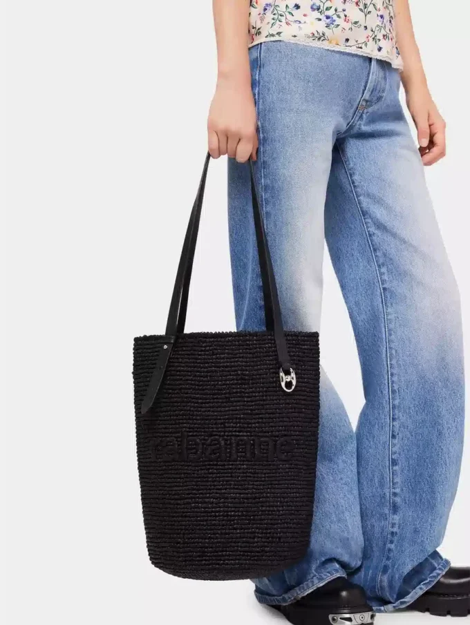 Bolso tote de rafia negro con logotipo