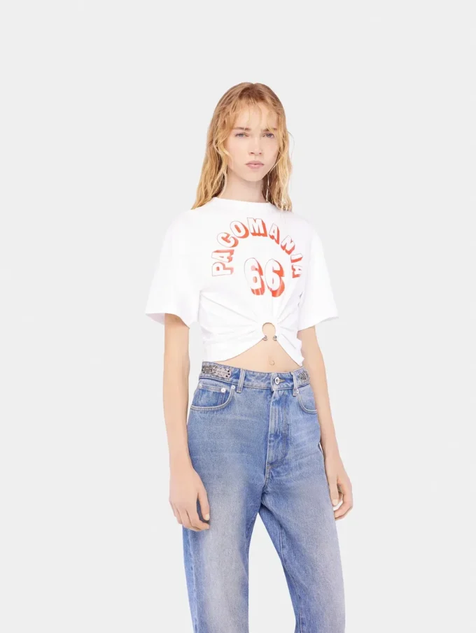Camiseta estampada de algodón con detalle de piercing