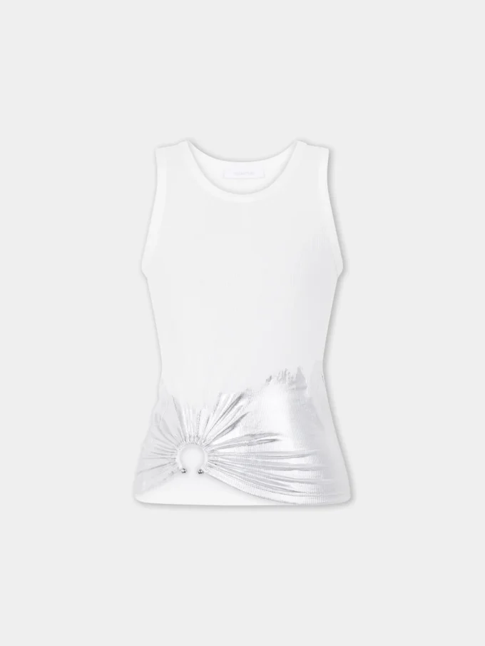 Camiseta sin mangas blanca con aberturas en punto acanalado