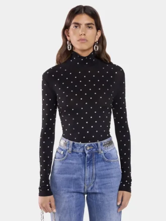 Top negro adornado con cristales en jersey segunda piel.
