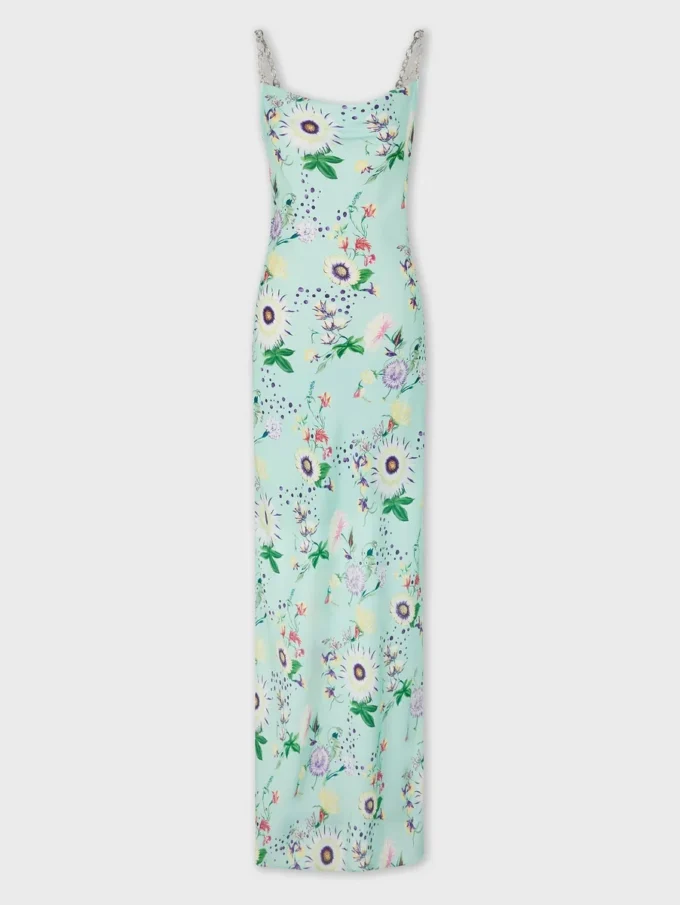 Vestido con estampado floral y detalles de cadenas