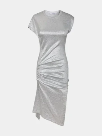 Vestido drapeado plateado con cierre de presión en lurex