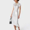 Vestido drapeado plateado con cierre de presión en lurex