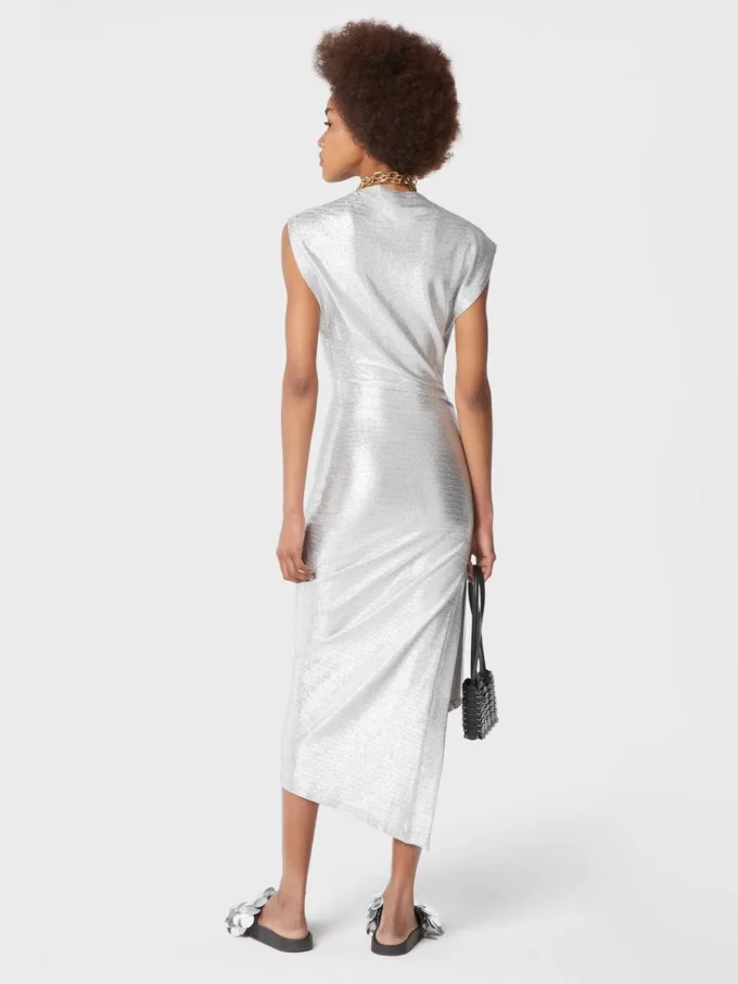 Vestido drapeado plateado con cierre de presión en lurex