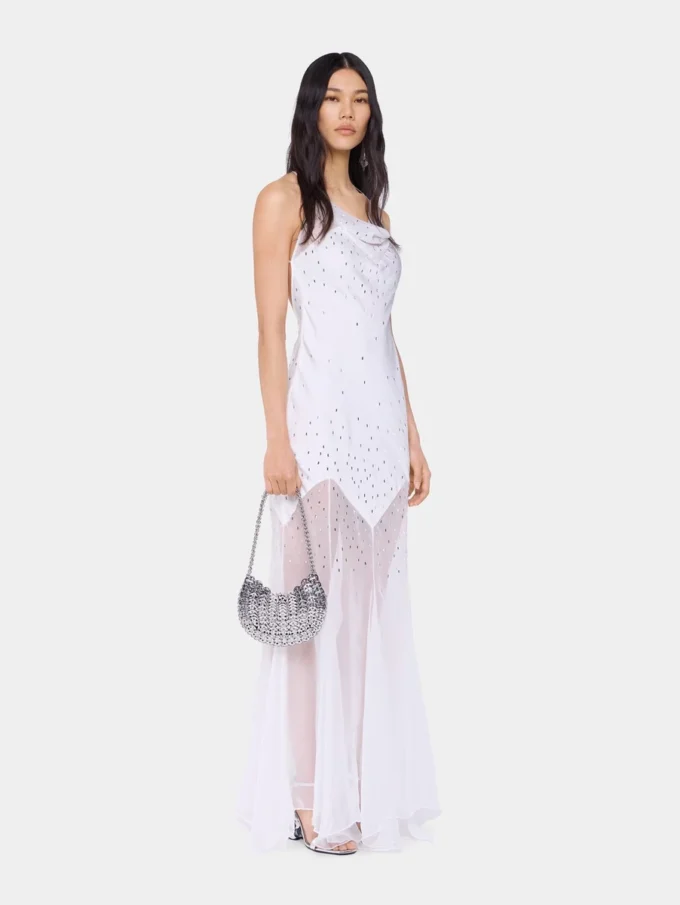 Vestido largo blanco sin mangas de muselina y satén