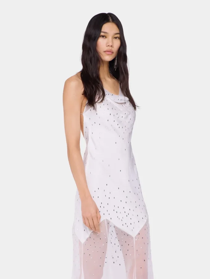 Vestido largo blanco sin mangas de muselina y satén