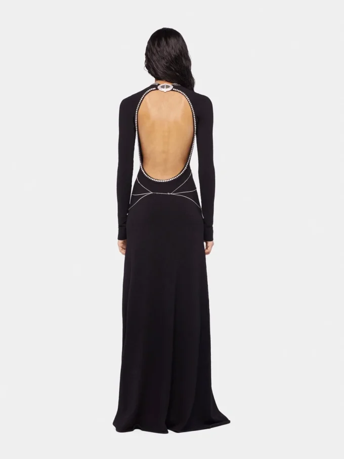 Vestido largo de punto sin espalda con bordados