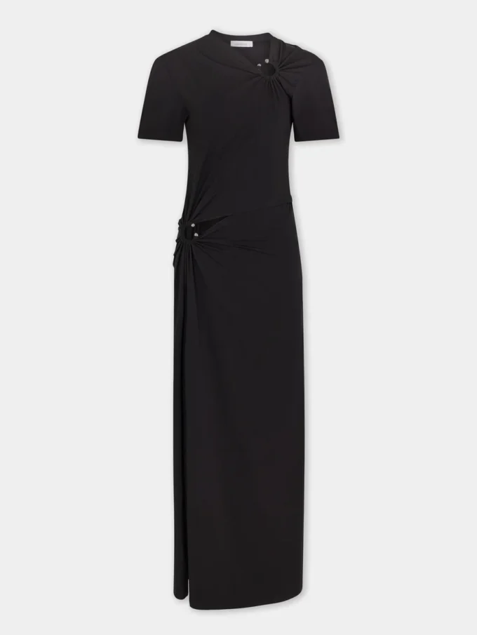 Vestido largo negro con perforaciones en jersey de algodón