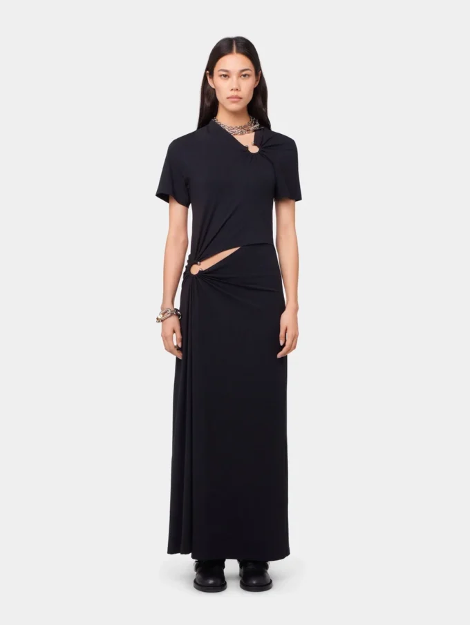 Vestido largo negro con perforaciones en jersey de algodón