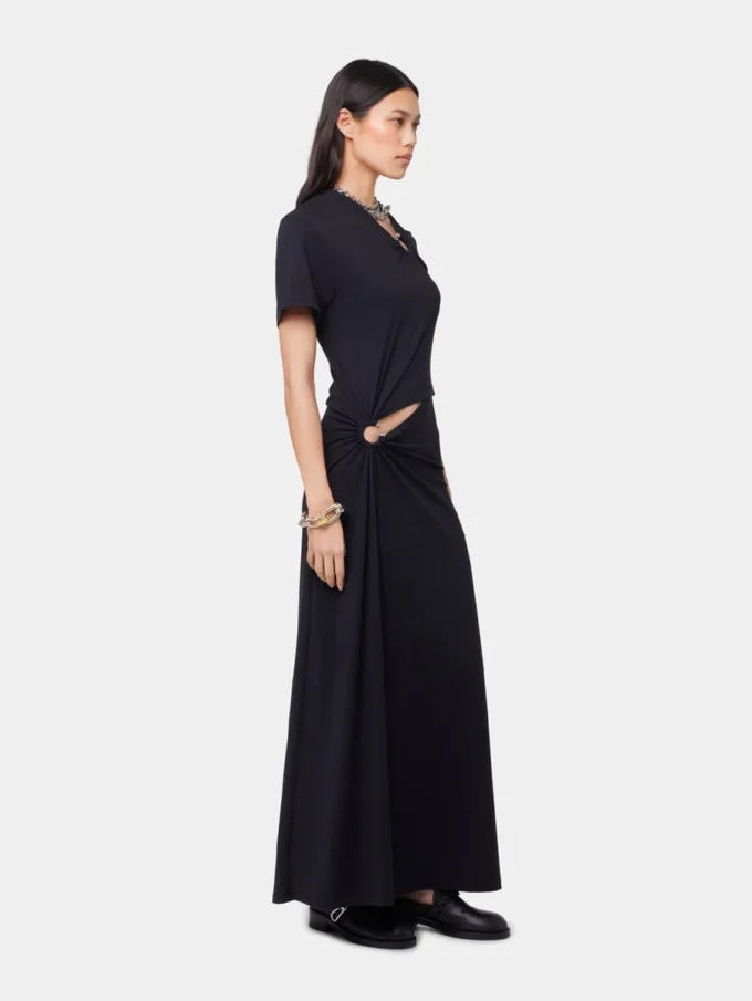 Vestido largo negro con perforaciones en jersey de algodón