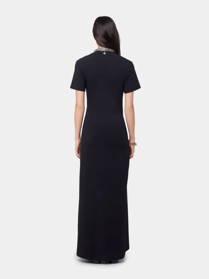 Vestido largo negro con perforaciones en jersey de algodón