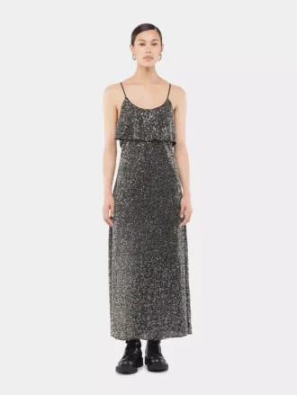 Vestido midi de crepé con detalles de bordado de lentejuelas