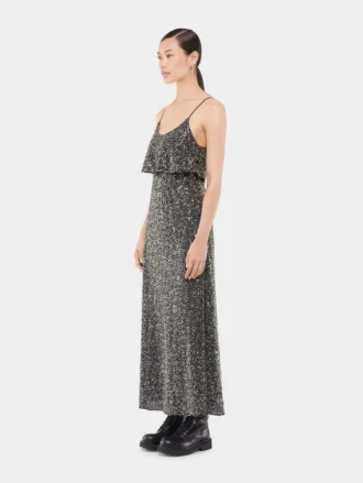 Vestido midi de crepé con detalles de bordado de lentejuelas