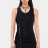 Vestido negro sin mangas drapeado con botones