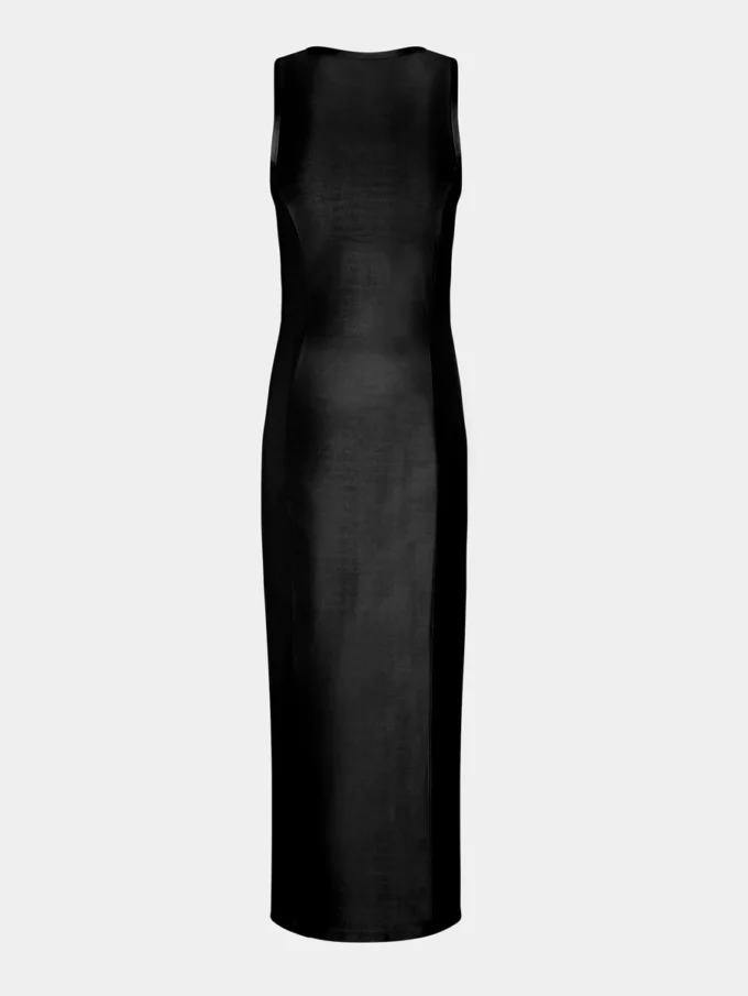 Vestido negro sin mangas drapeado con botones